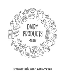 Dairy product, outline icons. Sketch butter, sour cream, camembert and whipped cream. Engraving yogurt, milk, cottage cheese and smoothies. Vector illustration. Retro style