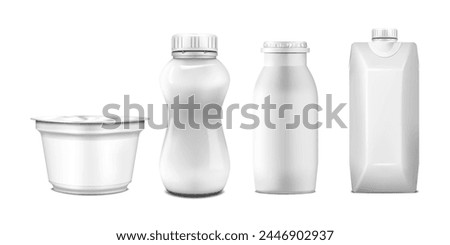 Dairy product package set. Vector mock-up. Yoghurt round plastic cup with peel off foil lid, yogurt bottles with screw cap and foil lid, paperboard pour spout box carton. Realistic mockup