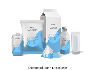 Dairy product packaging vector mock up set. Realistic milk bottle, carton pack, plastic sachet bag with label. Milk packaging containers composition for poster, banner etc.