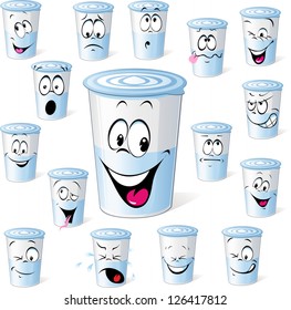 Dairy Product In Plastic Cup - Funny Cartoon With Many Facial Expressions Isolated On White Background