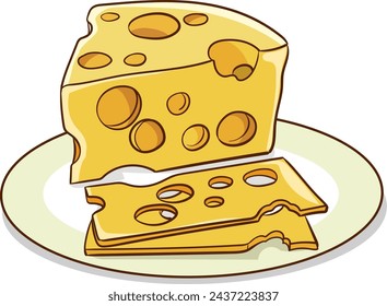 Ilustración vectorial de un trozo de queso en un plato con rebanadas de queso