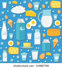 Dairy product seamless pattern. Flat style. Milk products background. Milk and Cheese texture. Farm Foods endless backdrop. Vector illustration