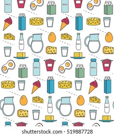 Dairy product seamless pattern. Modern, line, outline style. Milk products background. Milk and Cheese texture. Farm Foods endless backdrop. Vector illustration