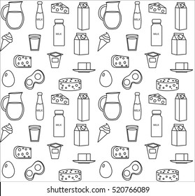 Dairy product seamless pattern. Modern, line, outline style. Milk products background. Milk and Cheese texture. Farm Foods endless backdrop. Vector illustration