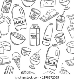 Dairy product seamless pattern. Outline bottle of milk, ice cream, cheese and butte. Vector illustration.