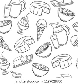 Dairy product seamless pattern. Outline jug of milk, ice cream, cheese and butter. Vector illustration.