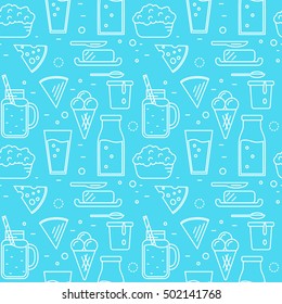 Dairy product seamless pattern for packaging with different dairy icons in line style design on blue background, vector illustration. Organic farming. Nutritious and healthy milk products.