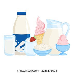 Dairy product set. Jug, bottle and glass of milk, sour cream on plate, ice cream, cottage cheese, yogurt with strawberry. Healthy food vector illustration

