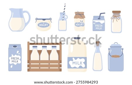 Dairy product set with milk bottles, yogurt jars and packaging. Cute flat vector illustration for farm food, organic dairy, grocery design, branding and healthy nutrition concept.