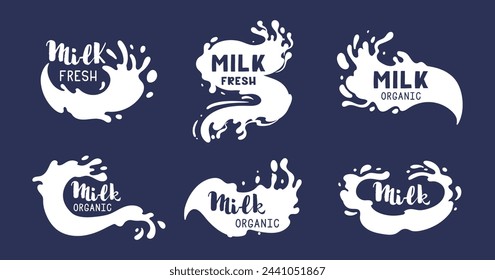 Etiquetas de salpicaduras de productos lácteos. Logotipo de salpicadura lechosa de dibujos animados, leche de vaca o cabra con letras, sellos de flujo de leche vector plano conjunto de ilustración. Etiquetas de salpicaduras de leche