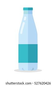 Dairy product vector. Flat design. Labeled plastic or glass bottle of fresh milk. Packaging for liquid product. Illustration for farm husbandry, milk production, grocery store ad. Isolated on white 
