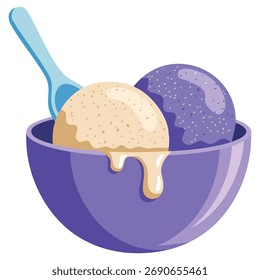 Dairy product vector icon with scoops of creamy ice cream in bowl perfect for organic dessert, websites, prints, or cartoon flat isolated illustration designs