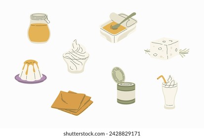 Ilustración vectorial de productos lácteos en estilo plano