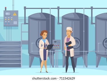 Dairy production cartoon composition with factory workers on background of tanks for milk pasteurization vector illustration