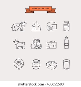 Dairy production. Cattle, haystack, dairy products. Set of vector line icon.