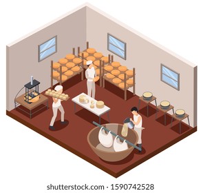 Dairy production concept with cheese making symbols isometric vector illustration