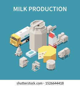 Dairy production concept with milk packaging and transportation symbols isometric vector illustration