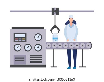 Dairy production factory conveyor with working woman, flat vector illustration isolated on white background. Food factory industrial equipment and worker.