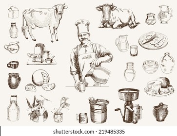 dairy production.  hand drawn illustrations. vector