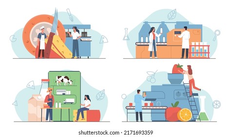 Milchproduktion Landwirtschaftliche Erzeugnisse schaffen Prozess, Nahrungsmittelarbeiter, Milch- und Käseproduktion, Obst Jogurt, gesunde Produkte. Heutzutage produzierter Vektorgrafik-Flachsatz