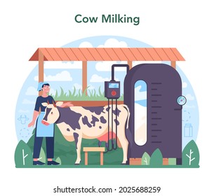 Dairy production industry. Dairy natural products for breakfast. Cow milking, dairy pasteurization, fermentation and milk, cheese, butter making. Healthy organic food. Flat vector illustration