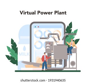 Dairy production industry online service or platform. Dairy natural products for breakfast. Dairy pasteurization, fermentation and cheese making. VPP, virtual power plant. Flat vector illustration
