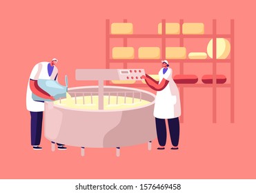 Dairy Production Industry Plant. Worker Pour Fresh Milk into Creamery on Modern Manufactory Prepare Cheese Mixing Cream in Huge Mixer. Factory Machinery Food Producing. Flat Vector Illustration