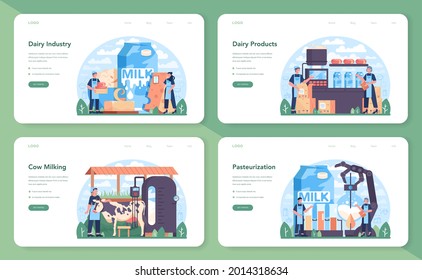 Dairy production industry web banner or landing page set. Dairy natural product for breakfast. Cow milking, dairy pasteurization, fermentation and milk, cheese, butter making. Flat vector illustration