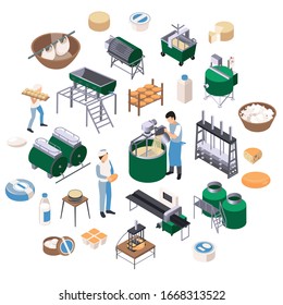 Dairy production isometric recolor round composition with isolated icons of industrial facilities and ready milk products vector illustration