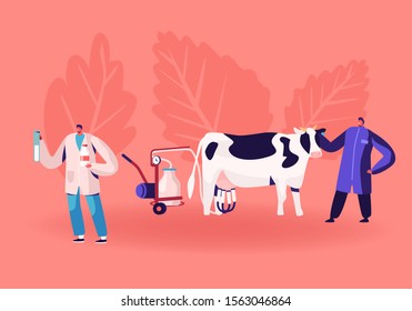 Dairy Production Manufacture. Farmer Using Milking Machine for Cow, Technologist Testing Milk Quality in Flask. Farmers Production Chemical Examination on Factory. Cartoon Flat Vector Illustration