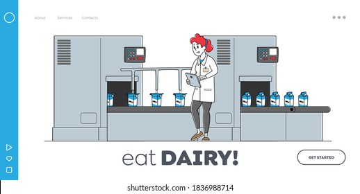 Dairy Production Quality Control On Plant Landing Page Template. Factory Worker Character Stand At Conveyor Belt With Moving Milk Packages. Manufacture Producing Beverages. Linear Vector Illustration