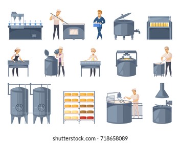 Produção de leite conjunto de ícones de desenhos animados com processamento de leite, fabricação de queijo, trabalhadores de fábrica isolados vetoriais ilustração