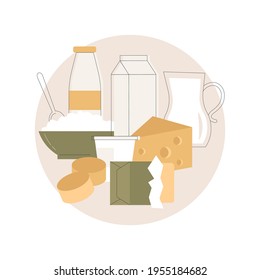 Milchprodukte abstraktes Konzept, Vektorgrafik. Milchnahrung, Milchproduktion, fermentierte Milch, Haustiere, Lebensmittelverarbeitung, abstrakter Calciumgehalt.