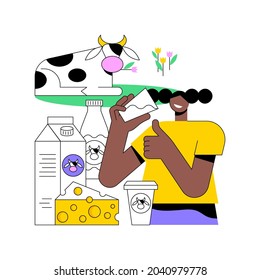 Dairy products abstract concept vector illustration. Milk based nutrition, dairy products production, fermented milk, domestic animal, food processing, calcium content abstract metaphor.