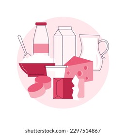 Dairy products abstract concept vector illustration. Milk based nutrition, dairy products production, fermented milk, domestic animal, food processing, calcium content abstract metaphor.