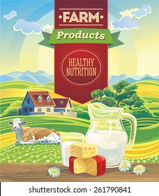 Dairy products against the background rural landscape with cow. Vector illustration.