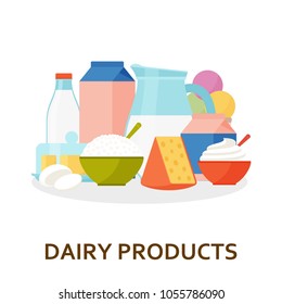 Dairy products background in flat style. Vector illustration.