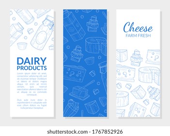 Dairy Products Banner Template with Farm Fresh Cheese Seamless Pattern Hand Drawn Vector Illustration