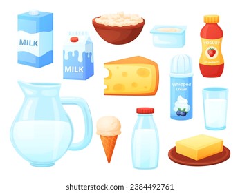 Dairy products. Cartoon cheese, milk and yogurt, isolated creamy ice cream in waffle cone. Butter on plate, jar of milkshake, nowaday vector set