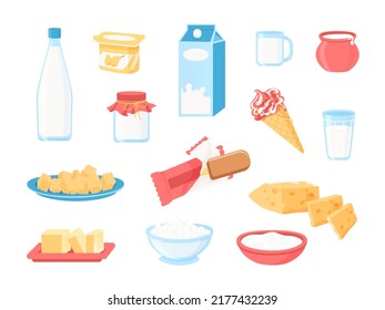 Dairy products. Cartoon milk in bottle, pack and glass, cheese yoghurt ice cream butter and creams, healthy breakfast meal. Vector farm milk products set of bottle product milk drink illustration