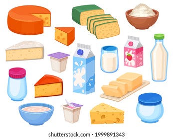 Dairy products. Cheese slices, milk in bottle, box and glass, yoghurt, butter, curd in bowl and cream. Cartoon farm milky food vector set. Dairy milk bottle and breakfast cheese product illustration