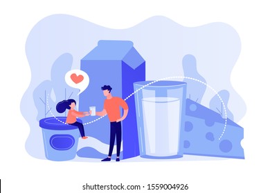 Dairy products, cheese, yoghurt and kid likes drinking milk, tiny people. Dairy products, milk based nutrition, dairy products production concept. Pinkish coral bluevector isolated illustration