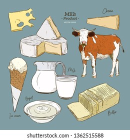 Dairy products collection. Cow, milk products, cheese , butter, sour cream, curd, yogurt. Farm foods. Farm landscape with cow. Vector Hand drawn illustration. Isolated objects on white - Vector