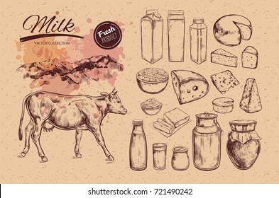 Collection de produits laitiers sur papier d'artisanat dessiné à la main. Vache, produits laitiers, fromage, beurre, crème aigre, caillé, yaourt. Aliments agricoles. Paysage agricole avec vache.  Image vectorielle Illustration dessinée à La Main. 