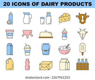 Dairy products colored icons set. Simple cow and goat milk products illustration. Cottage cheese, milk, butter, cheese and sour cream. Farm organic grocery. Flat vector illustration