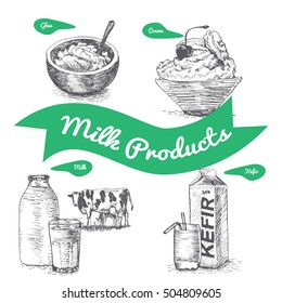 Dairy products colorful illustration. Vector illustration of breakfast.