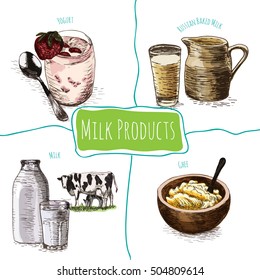 Dairy products colorful illustration. Vector illustration of breakfast.