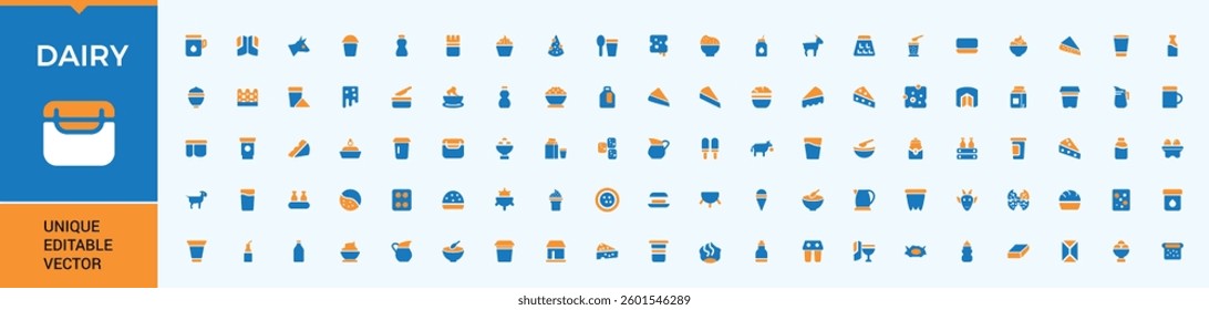 Dairy Products colorful vector solid icon set. Related to dairy foods, beverage, fresh, drink, farm, milk products and more. Modern vector UI icons. Farming simple icon. Vector illustration.