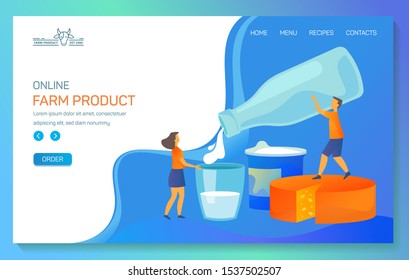 Dairy products company website landing page, farmer milk food web banner template. Dairy farm food shop, online orders store, people pouring milk in glass, vector modern flat graphic design