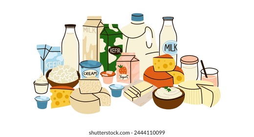 Composición de productos lácteos. Leche, kéfir y yogur, envases de cartón, botella. Queso, mantequilla y nata diferentes. Granja orgánica de alimentos saludables. Vector de dibujos animados ilustración aislada plana